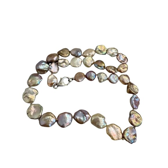 Keshi  Baroque Coin Pearls necklace Peacock Lavender Sterling Silver 9" Drop 18 - Picture 8 of 12